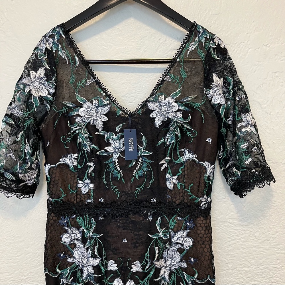 Marchesa Notte Black Floral Lace Embroidered Midi Dress 8 - Picture 8 of 13